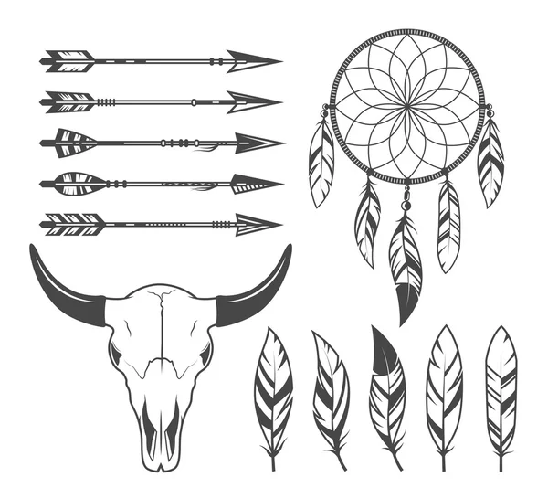 Indian, hunter, tribal objects, vector set — Stock Vector