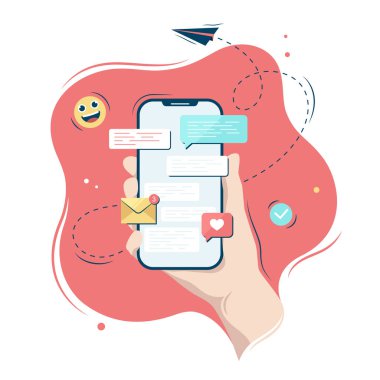 Soyut bir arkaplanda mesajları olan bir akıllı telefonu tutmak