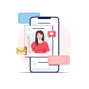 Uygulama ekranındaki kız, sosyal medya düz tasarım illüstrasyonu