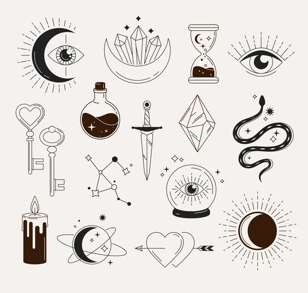 Esrarengiz, mistik, astrolojik, cadılık, sihirli nesneler, simgeler, elementler ve semboller