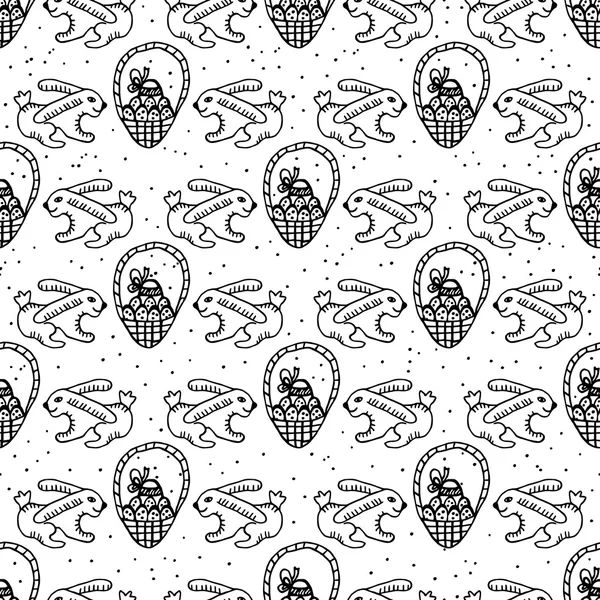 Черно-белый бесшовный фон корзины с пасхальными яйцами и кроликом — стоковый вектор