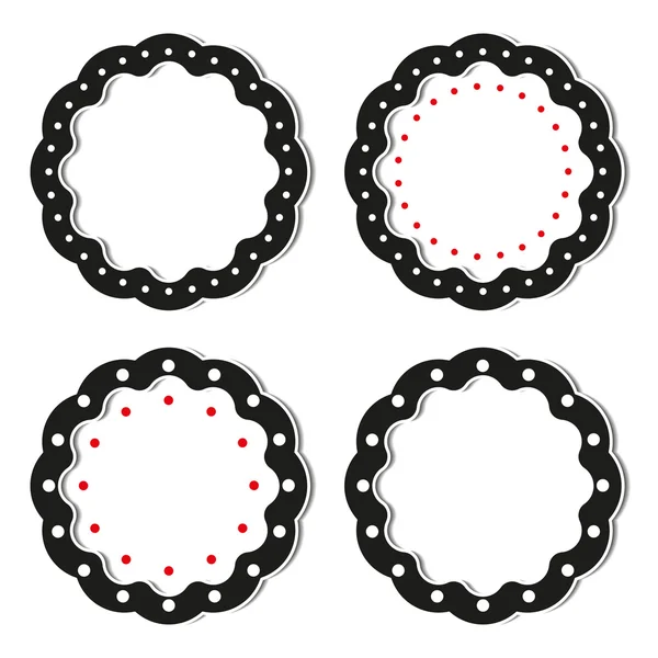 Set med svarta ramar i form av blomma med vita och röda cirklar — Stock vektor