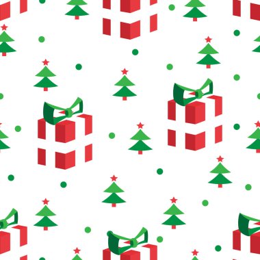 Beyaz arka planda hediye kutuları ve ağaçlarla kusursuz bir Noel deseni.