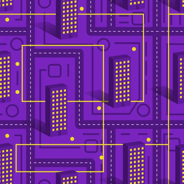 Seamless pattern of night city with houses, roads and lights