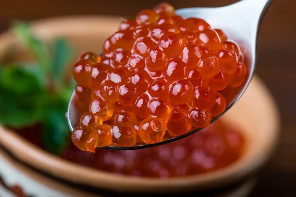 Caviar rojo en cuchara de cerca . —  Fotos de Stock