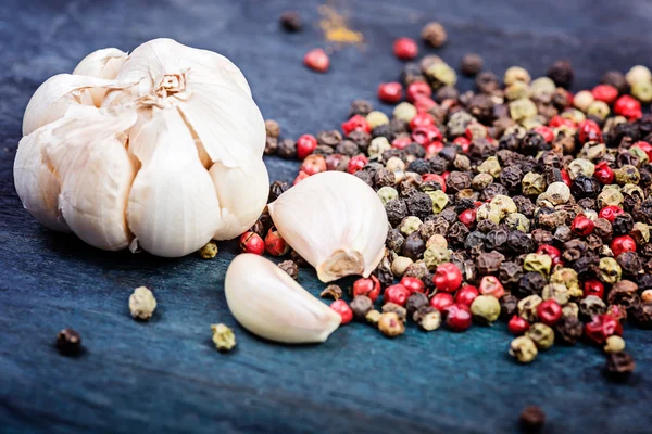 Mixture of peppers  and garlic close up — Stock Photo, Image