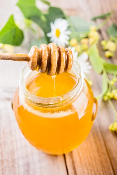 Miel en tarro con flores silvestres —  Fotos de Stock