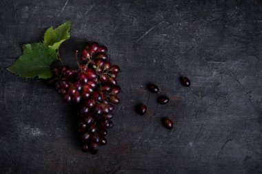 Koyu arkaplanda yaprakları olan bir demet mavi üzüm..