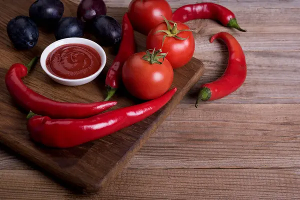 Red Hot Chili Pepper Sauce Tomatoes Pepper Wooden Background — Stock Photo, Image