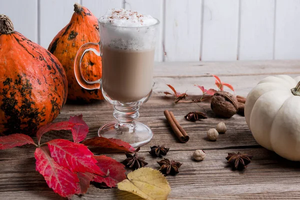 Latte Whipped Cream Wooden Table Autumn Background — Stock Photo, Image