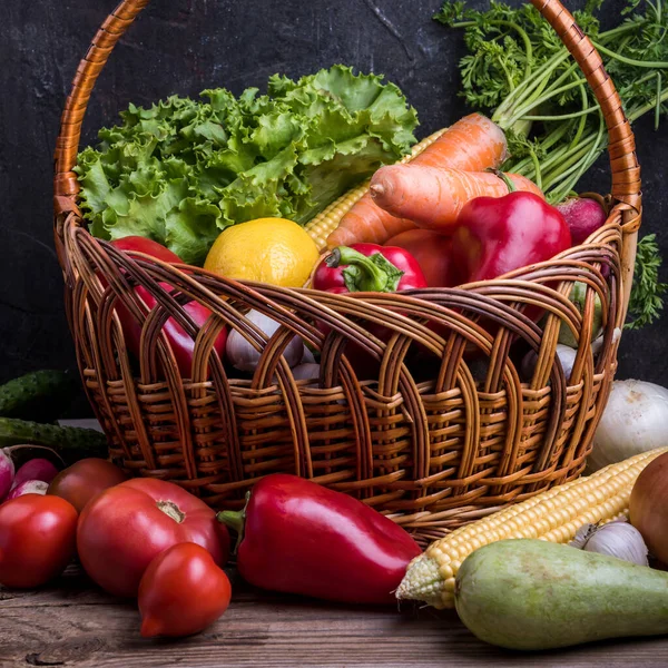 Fresh Vegetables Fruits Basket Rustic Wooden Table — Stock Photo, Image