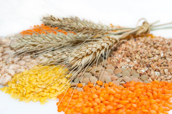 Assorted grains lentils, buckwheat, chickpeas   with wheat ears. — Stock Photo, Image