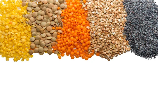 Hububat: sarı, turuncu ve braun mercimek, buğday ve haşhaş — Stok fotoğraf