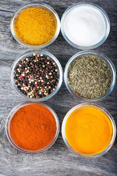 Overhead view of cooking ingredients, spices — Stock Photo, Image