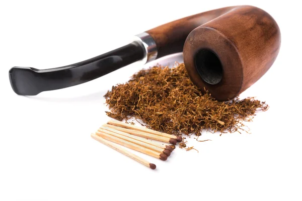 Wooden brown  pipe with dried tobacco leaves — Stock Photo, Image