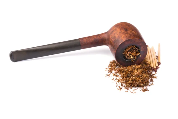 Wooden brown  pipe with dried tobacco leaves — Stock Photo, Image