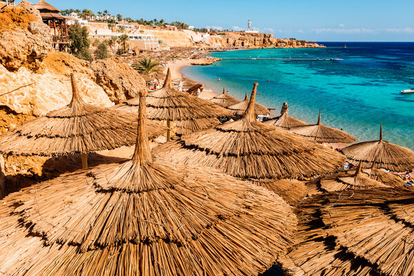 Umbrellas on beach in coral reef, Sharm El Sheikh