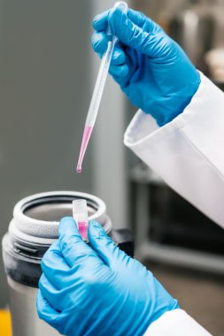 Bilim adamı holding konteyner süspansiyon dondurma için kök hücre ile.