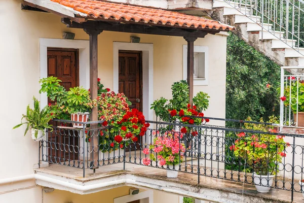 Flores frente a una casa griega tradicional — Foto de Stock