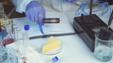 Gıda güvenliği laboratuvarı, bilim adamı konsepti. Müfettiş laboratuvarda peynirle ilgili kaliteli bir araştırma yürütüyor..