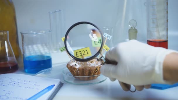 Hälsosam mat koncept. Laboratorieassistentens hand håller en förstoringslampa, en muffins dekorerad med tabletter med namnen på tillsatserna E. Food Laboratory. — Stockvideo