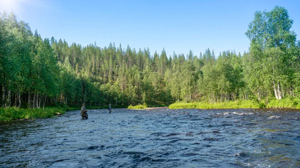 Latać połowów latem połowów w rzece górskiej. Piękna przyroda, las i zachód słońca. — Zdjęcie stockowe