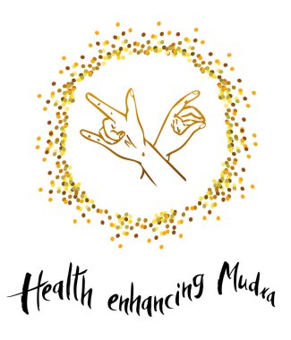 Şablonlar, kartlar, rozetler ve internet için Sağlık Geliştirme Mudra 'sının vektör çizimi. Sağlık artırıcı mudra - Uzun ömürlü mudra sadece sağlığınızı iyileştirmenize izin vermez. Yaşamı uzatmanı sağlar..