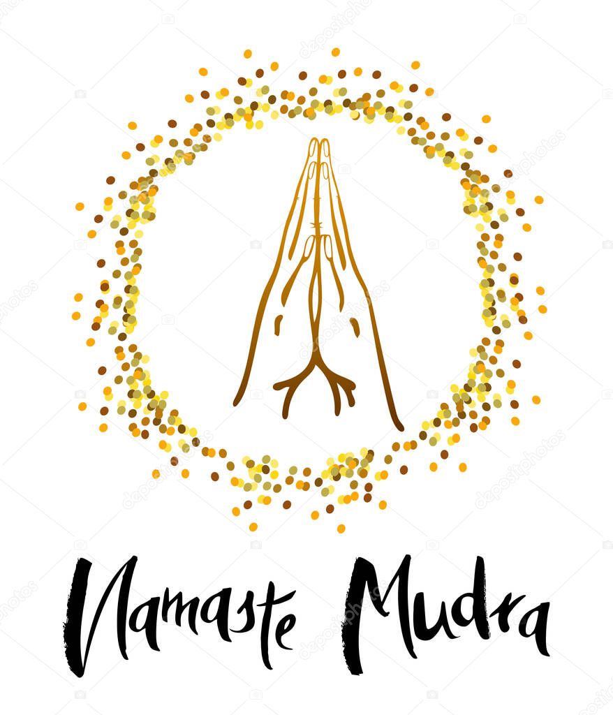 Namaste - an ancient greeting for templates, cards, badges, web.Vector illustration of Namaste mudra for templates, cards, badges, web. Mudra Namaste in a broad sense means 