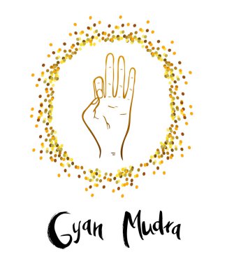 Gyan Mudra 'nın vektör illüstrasyonu- bilginin mudrası. İkinci doğum günündeki mudra. Düzenli çalışması, endişe, stres, üzüntü gibi birçok psikolojik problemden kurtulmanızı sağlar..