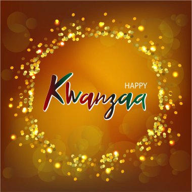 Mutlu Kwanzaa tebrik kartının vektör çizimi. Şenlikli el yazısı harfler, altın parıltılı arka planda logo. Kış tatilleriyle ilgili tipografi. Kaligrafi posteri. Kartpostal motivasyonu.