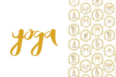 Yoga stüdyoları, dükkanlar, kartlar, kartvizitler, pankartlar için tasarlanmış yoga el yazısıyla yazılmış yoga ellerinin arka planında illüstrasyon. Rozet, etiket, simge, çıkartma, baskı. Geçmişi. EPS 10.