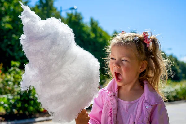 Dziewczynka je dużą watę cukrową w letnim parku — Zdjęcie stockowe