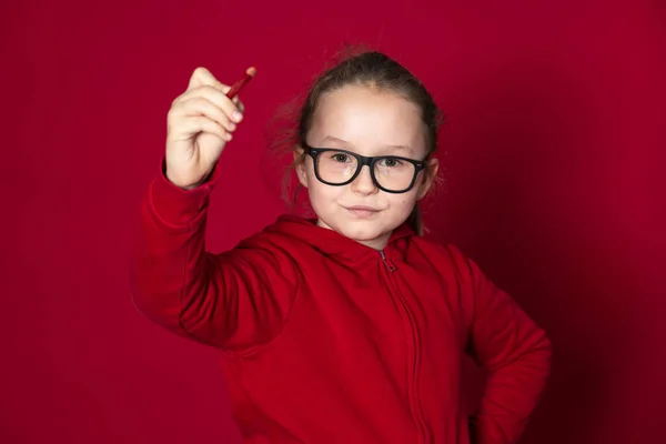 Young School Girl Red Pencil Red Sweater Standing Front Red — Stock Photo, Image