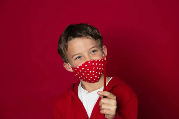 Cool Young Boy Red Mask Red Pencil Front Red Background — Stock Photo, Image