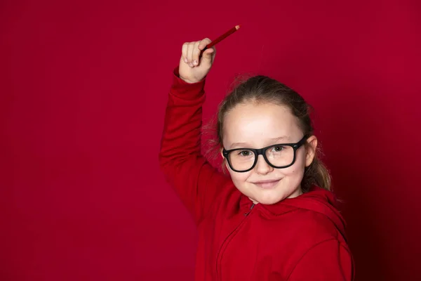 Young School Girl Red Pencil Red Sweater Standing Front Red — Stock Photo, Image