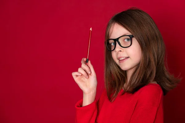 Beautiful Young Girl Glasses Pencil Front Red Background — Stock Photo, Image