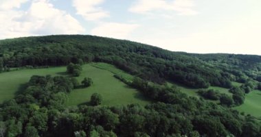 Yeşil tepeler, yeşil ormanlar, Aşağı Avusturya 'daki küçük köyler üzerinde insansız hava aracı uçuşu