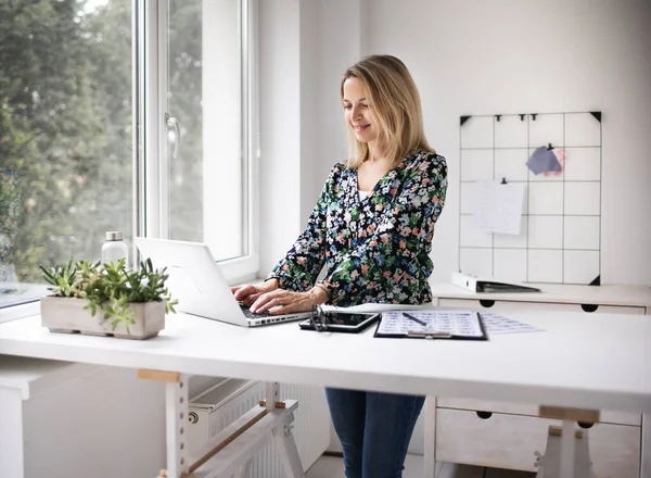 Businesswoman Pomocí Notebooku Stojící Stolem — Stock fotografie