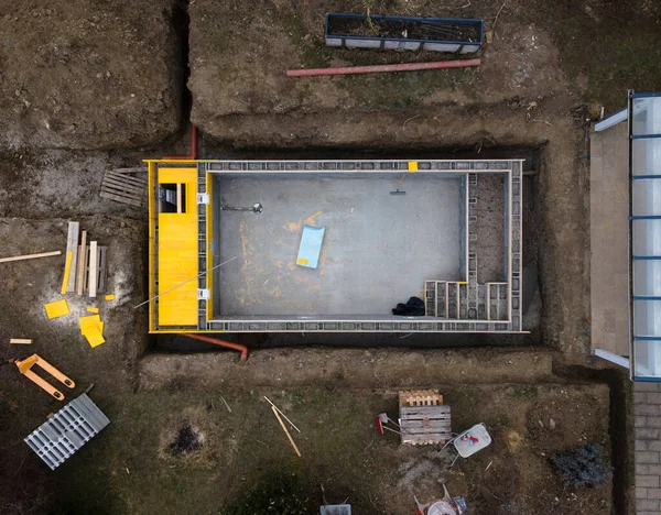 Aerial Drone Shot Construction Site Pool Formwork Concrete Finished Brick — Stock Photo, Image