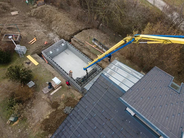 Aerial Drone Shot Pool Construction Site Form Blocks Being Filled — Stock Photo, Image