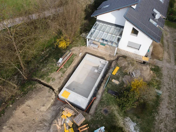 Aerial Drone Shot Pool Construction Site Almost Finished Spackling — Stock Photo, Image