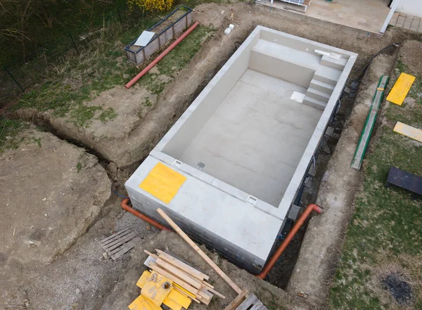 Aerial Drone Shot Pool Construction Site Almost Finished Spackling — Stock Photo, Image