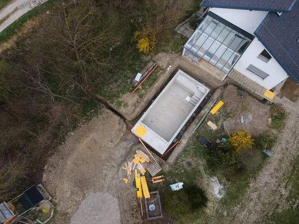 Aerial Drone Shot Pool Construction Site Almost Finished Spackling — Stock Photo, Image