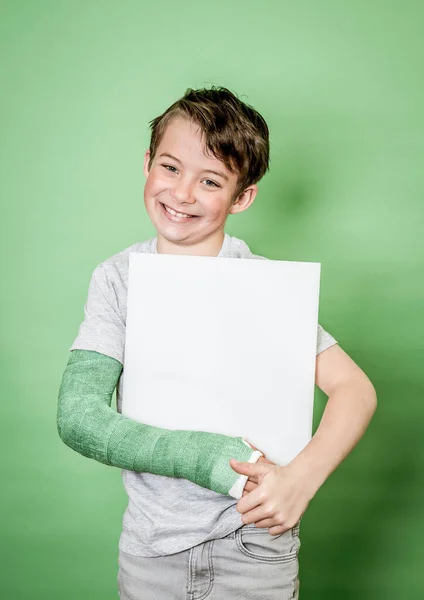 Cool School Boy Green Hand Plaster Holding White Board Front — Stock Photo, Image