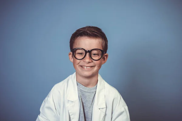 Cool School Boy Thick Black Glasses Dressed Mad Scientist White — Stock Photo, Image