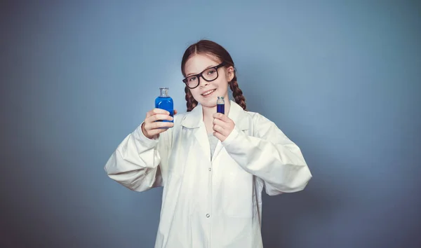 Pretty Girl Two Braids Dressed Scientist Experimenting Blue Liquids Wearing — Stock Photo, Image