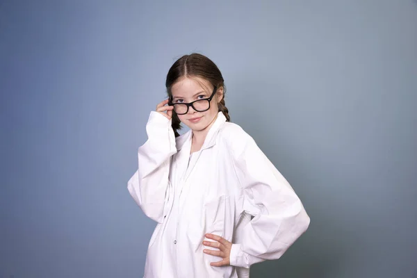 Pretty Young Girl Black Glasses White Work Lab Coat Front — Stock Photo, Image