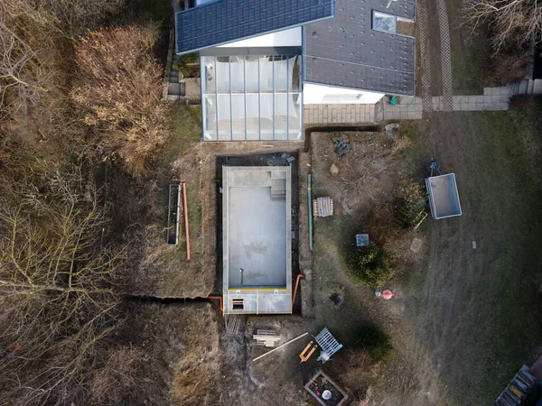 Luftbild Einer Drohne Von Pool Baustelle Einem Garten — Stockfoto