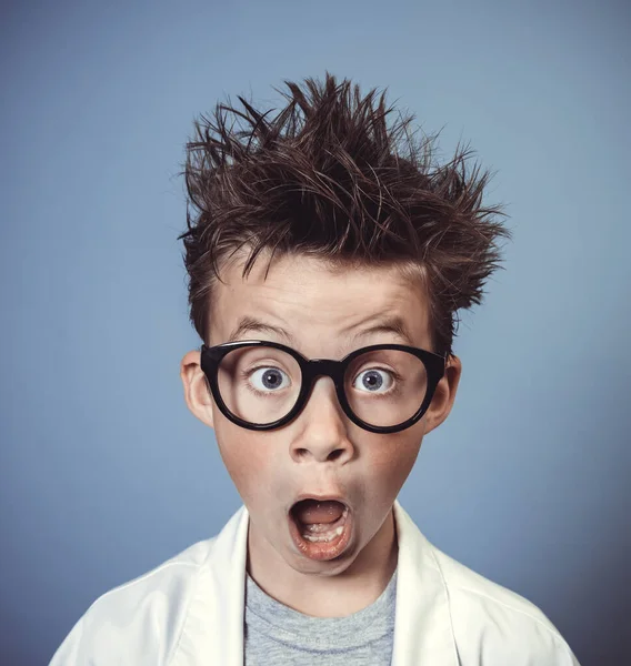 Cool School Boy Thick Black Glasses Dressed Mad Scientist White — Stock Photo, Image