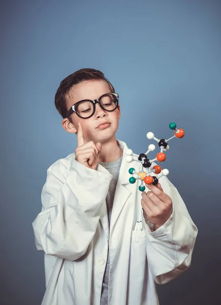 Cool Young Boy Dressed Scientist White Lab Coat Holding Model — Stock Photo, Image